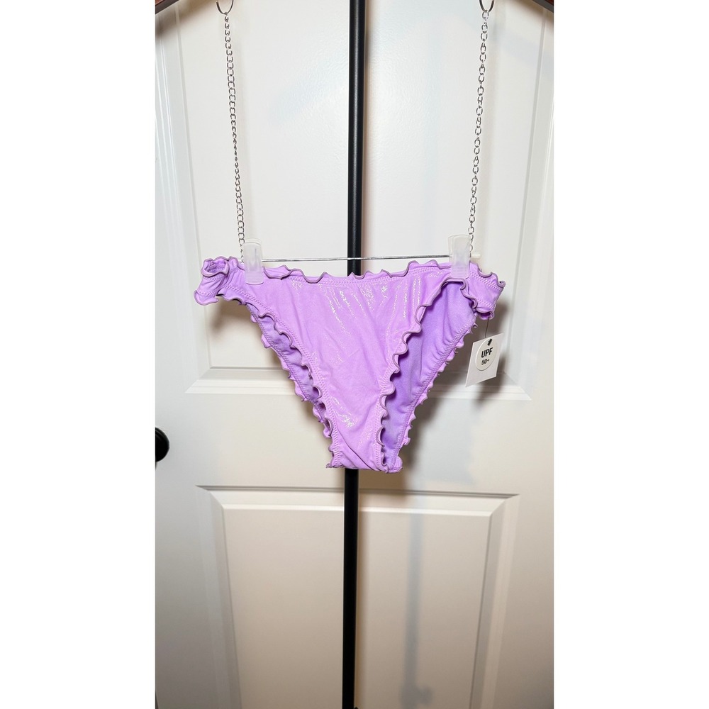 Citrus Purple Metallic Ruffle‎ Ruched Back Bikini Bottom UPF 50+ Womens Large
